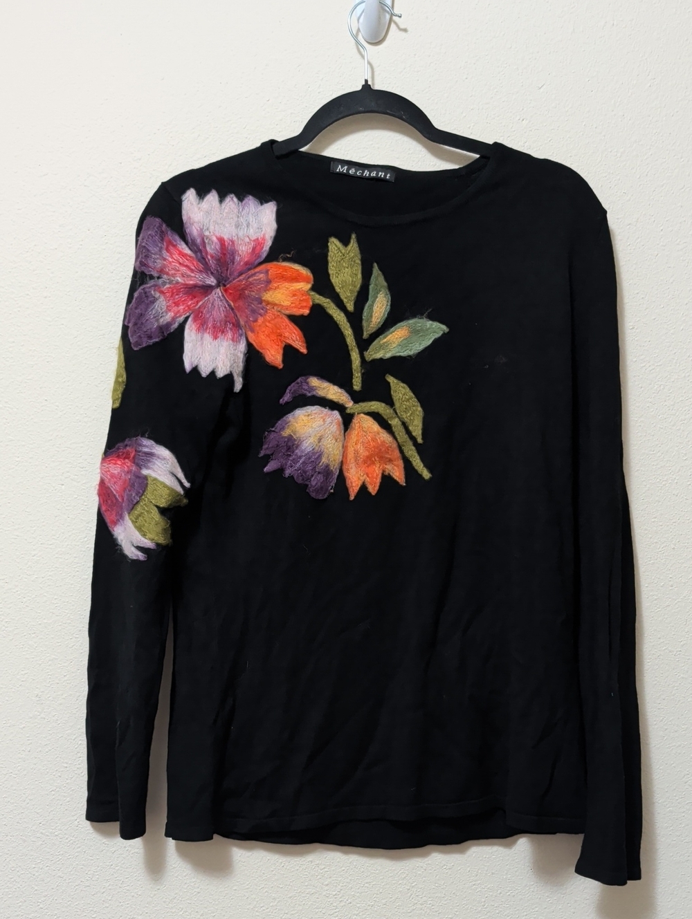 Mechanic Black Floral-Embroidered Crewneck Sweater